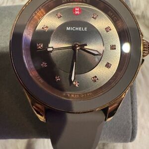 MICHELE Cape Women's Wristwatch Gray Silicone Band Gold Case Gemstone Markers